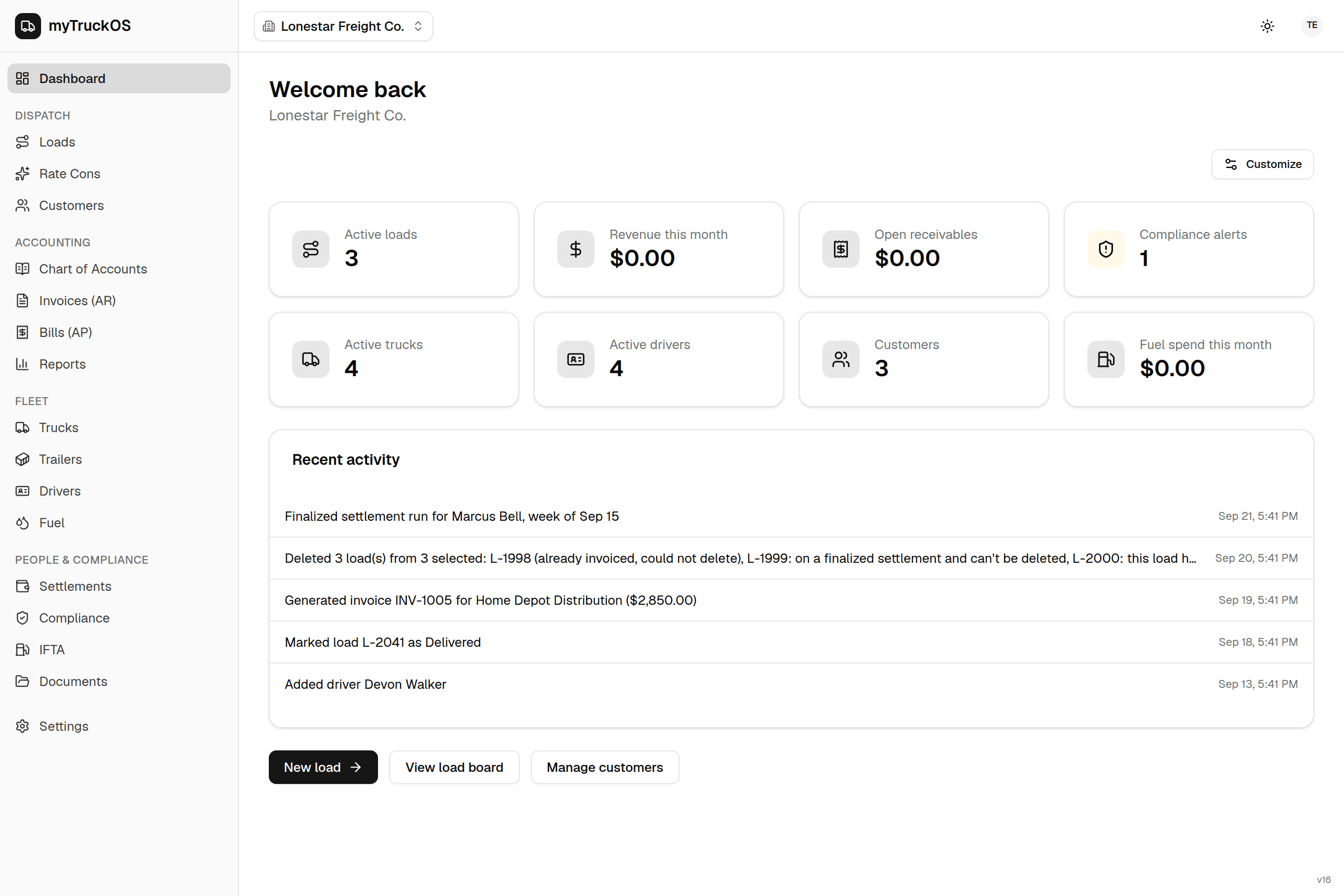 myTruckOS dashboard showing active loads, revenue, compliance alerts, and recent activity