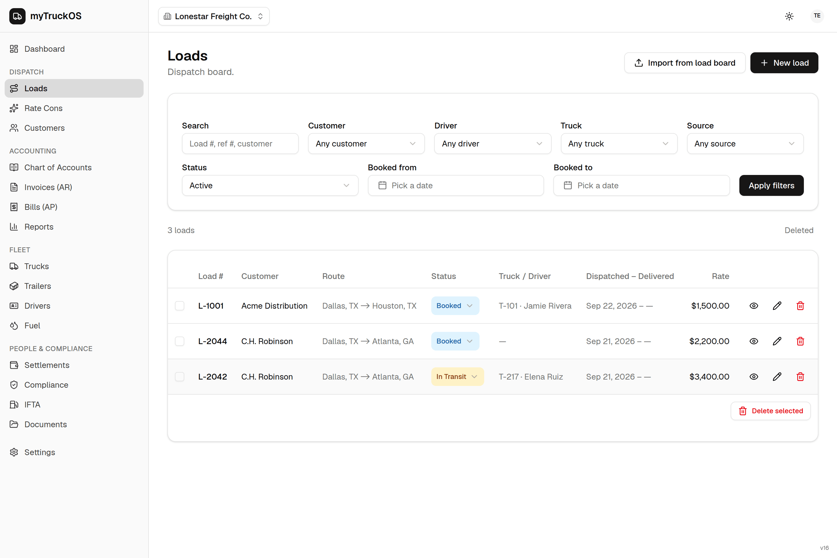 myTruckOS loads dispatch board with search and filter panel